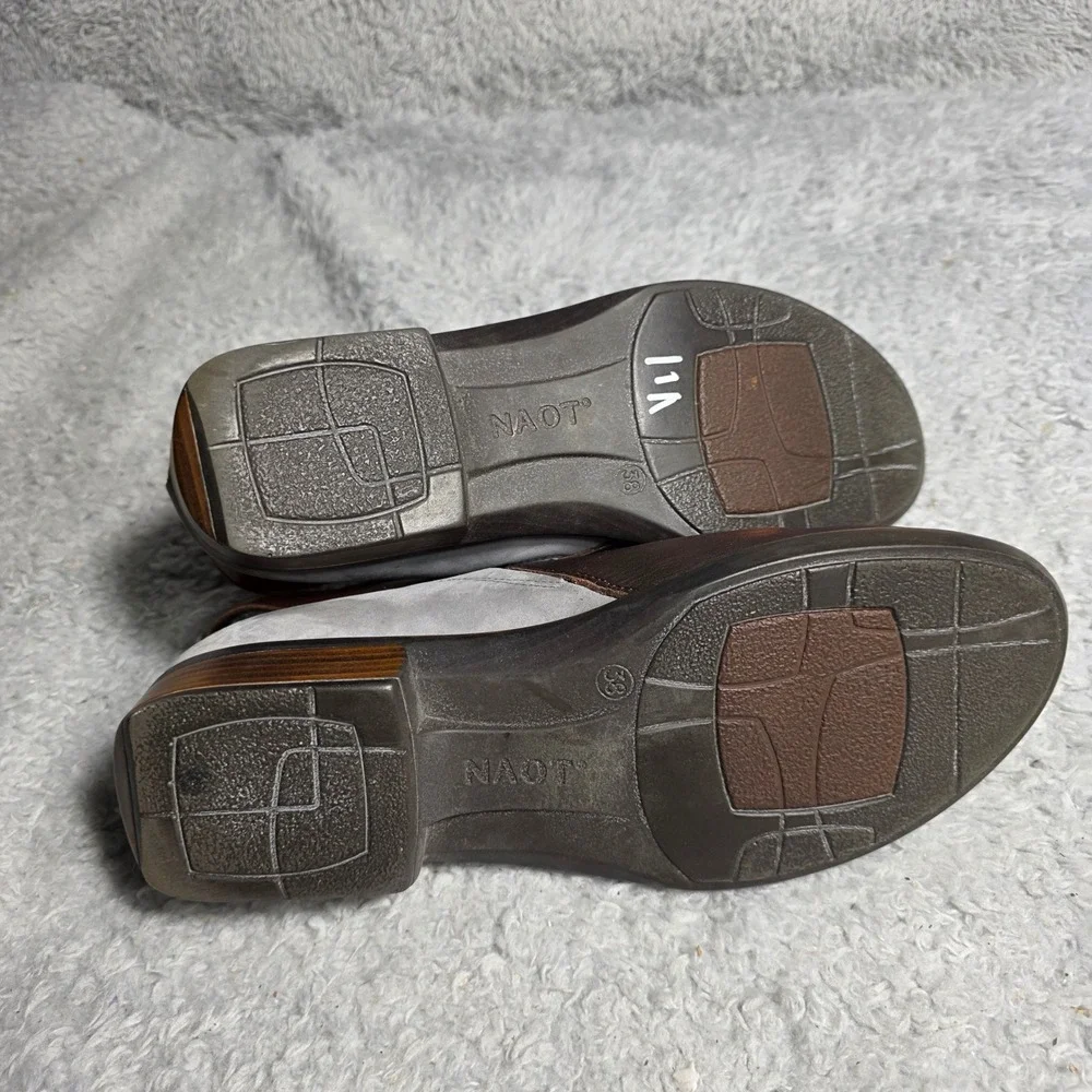 Naot Leather Cutout Ankle Booties Shoes Brown Gray Buckle Strap Women 38‎  7 7.5